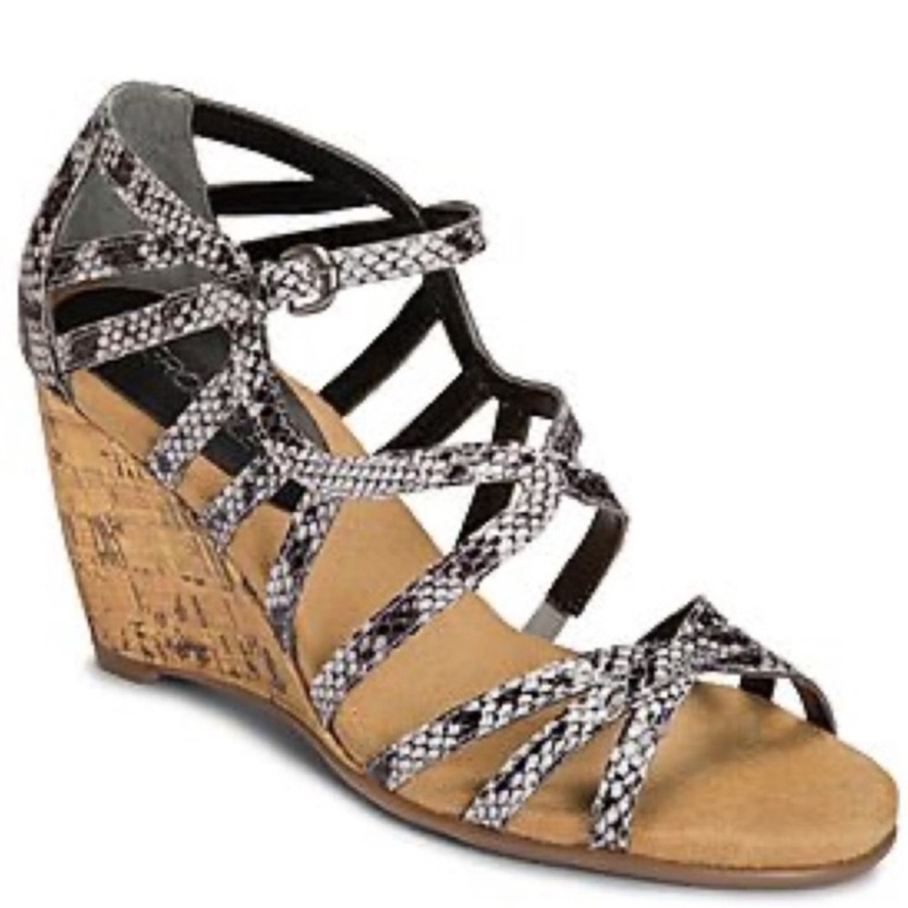 Black Suede Aerosols Broomstick Strappy Corkscrew Contrast Wedge Sandal SZ 6.5